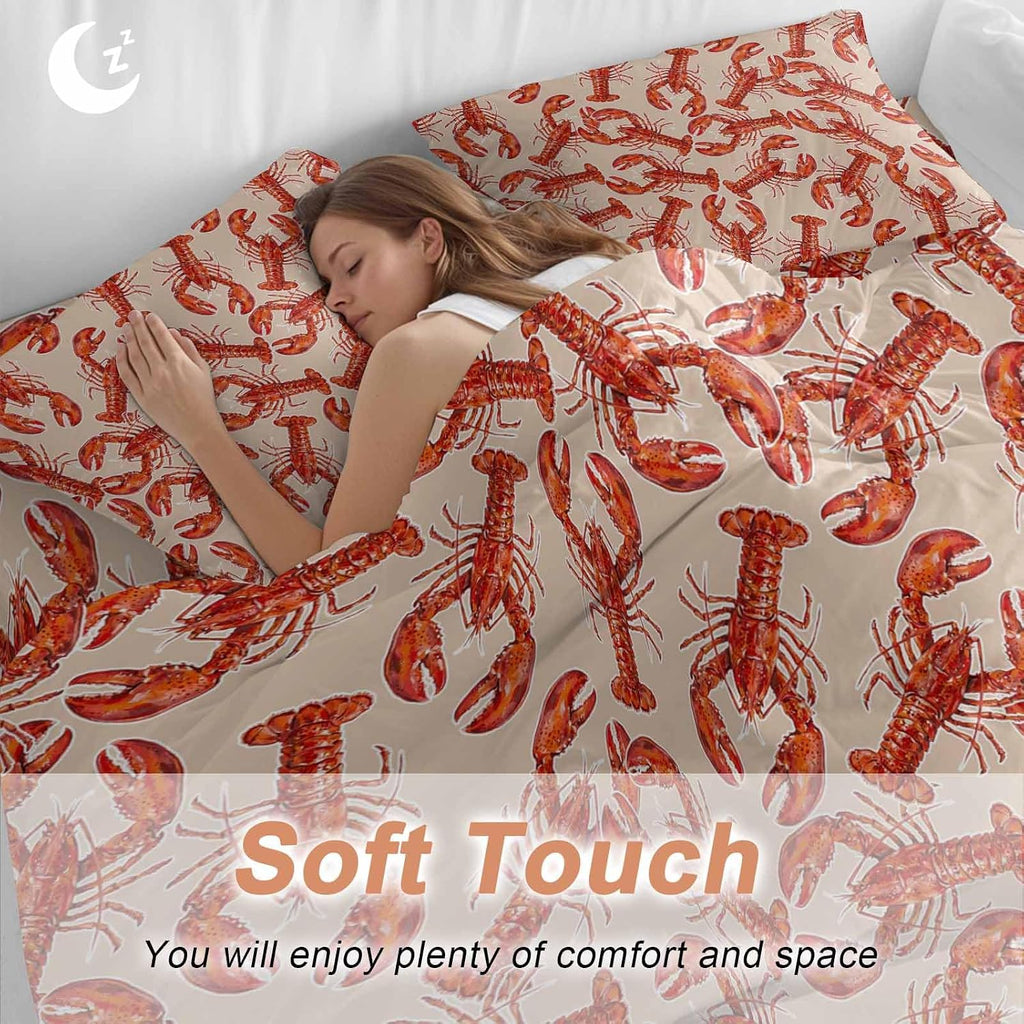 Red Lobster Duvet Cover Set Queen Size 4 Pieces Summer Crawfish Ocean Animal Minimalist Art Retro Bedding Set with Zipper Closure, 1 Comforter Cover 92x106 Inches 1 Flat Sheet & 2 Pillow Cases