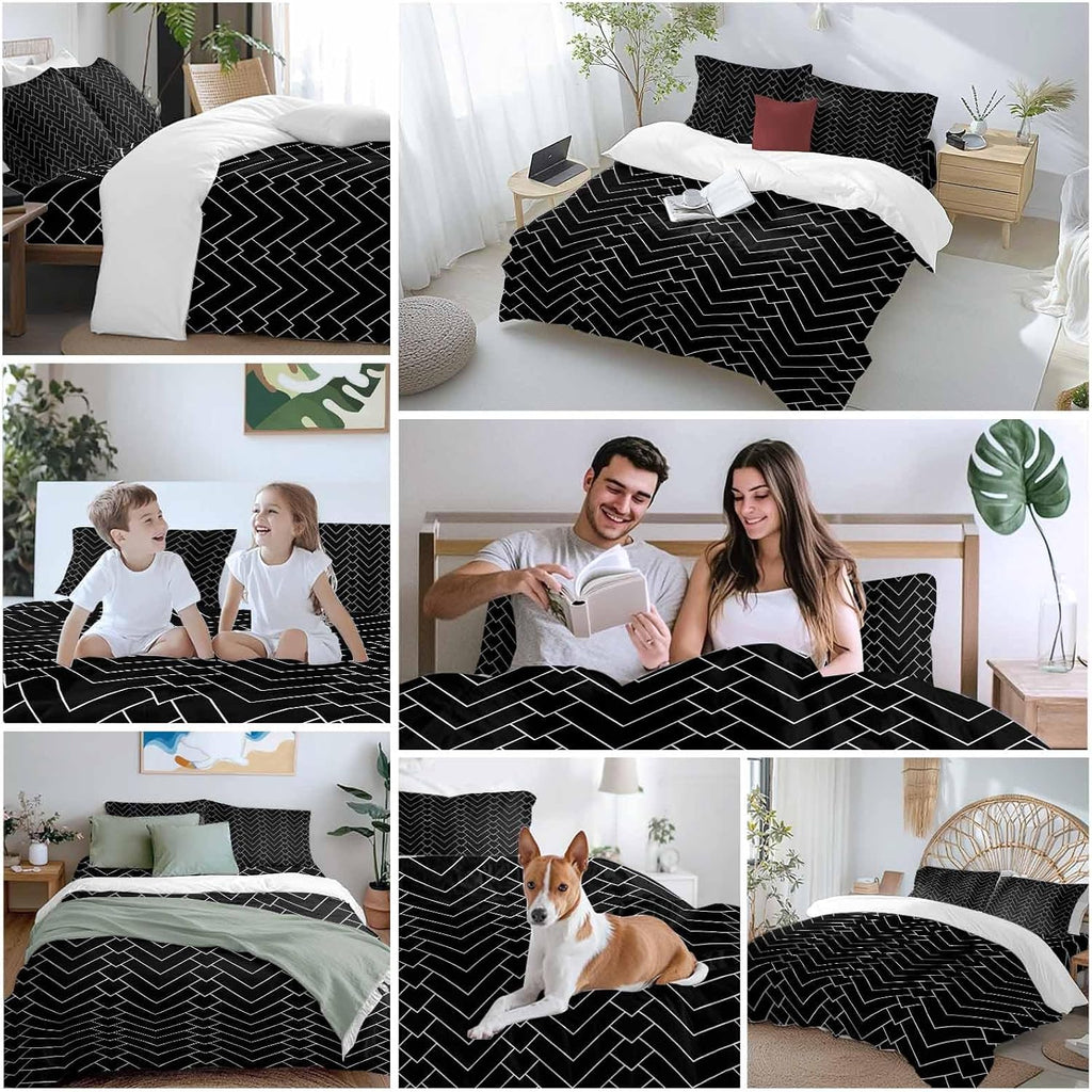 Prime Leader Abstract Line Duvet Cover Set Queen Size 4 Pieces Herringbone Black White Modern Simple Bedding Set with Zipper Closure, 1 Comforter Cover 92x106 Inches 1 Flat Sheet & 2 Pillow Cases