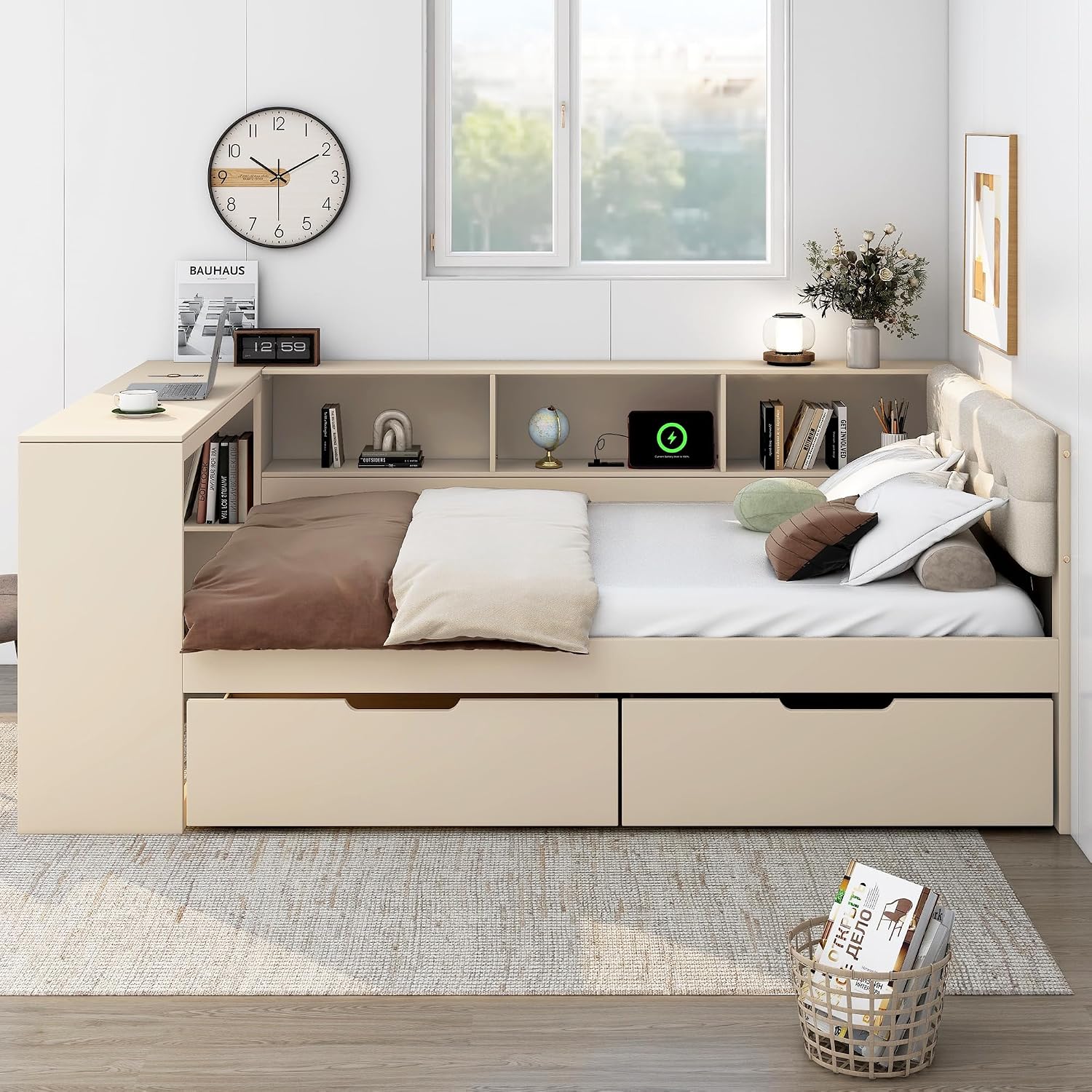 Ball & Cast Wood Full Size Platform Bed with Storage Shelves and Drawers,Multiple Bed Frame w/Charging Station & Upholstered Headboard,Bedroom Furniture Bedframe for Apartment,Cream