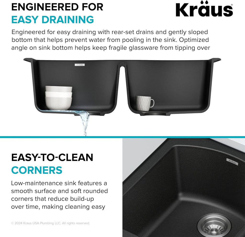 KRAUS Forteza 33-inch Drop in/Undermount 50/50 Double Bowl Granite Kitchen Sink in Black, KGD-52BLACK