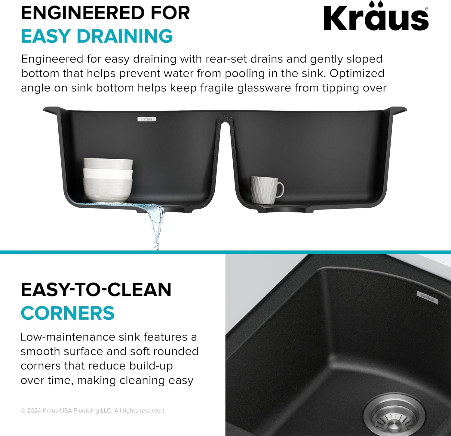 KRAUS Forteza 33-inch Drop in/Undermount 50/50 Double Bowl Granite Kitchen Sink in Black, KGD-52BLACK