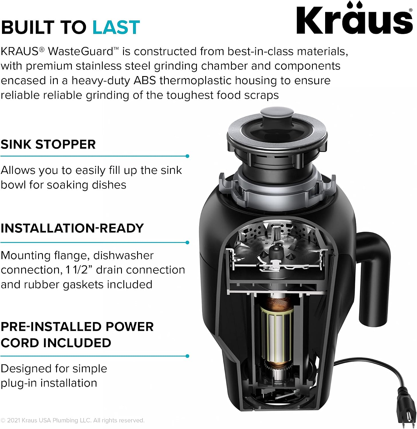 KRAUS Bellucci Workstation 32 in. Undermount Granite Composite Single Bowl Kitchen Sink in White with Accessories with WasteGuard™ Continuous Feed Garbage Disposal, KGUW1-33WH-100-75MB