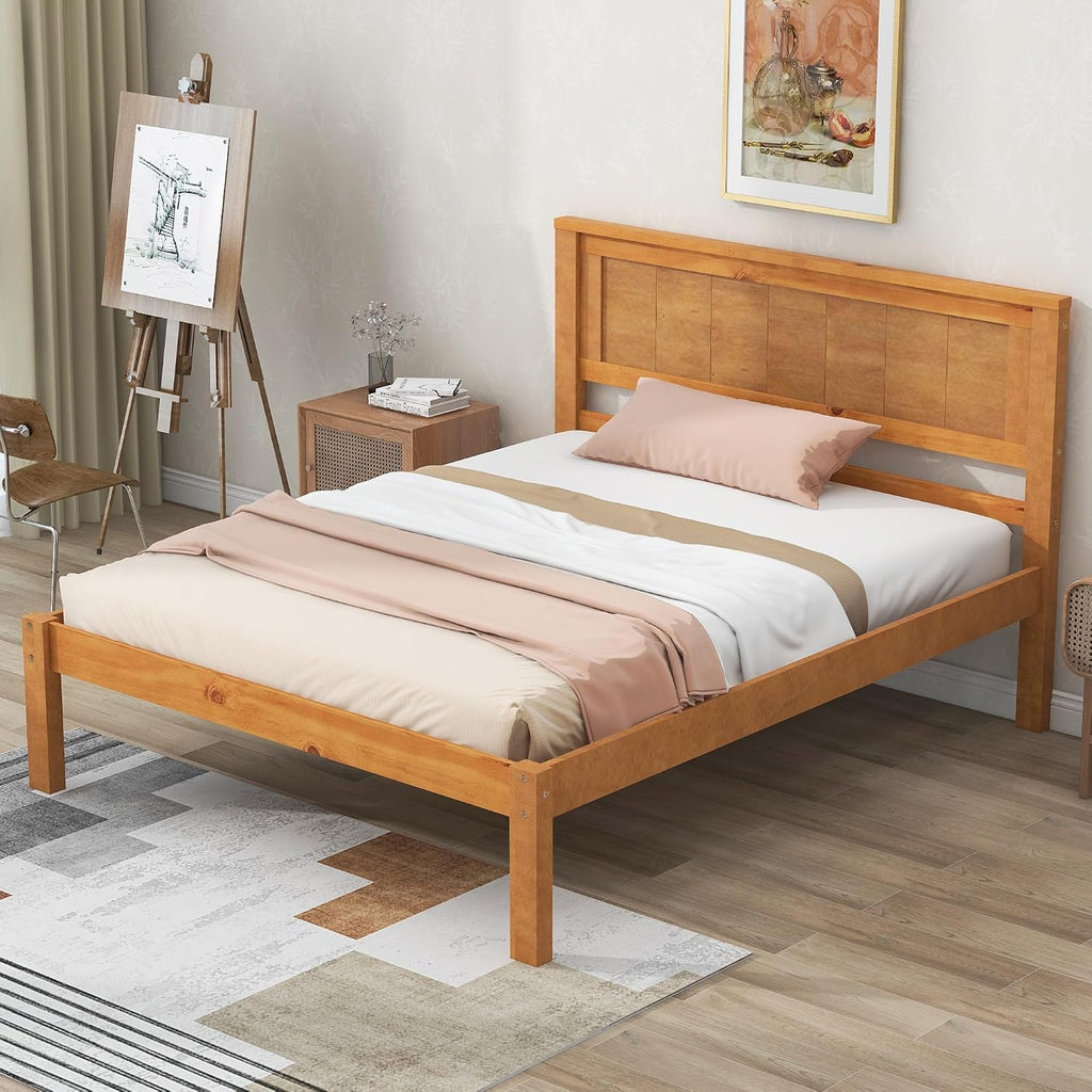 Twin Size Wood Bed Frame and Headboard, Modern Retro Brown Platform Beds Frames, Sturdy and Durable Design Rustic Wooden Bedroom Set, Easy Assembly, No Box Spring Needed (Oak, Twin)