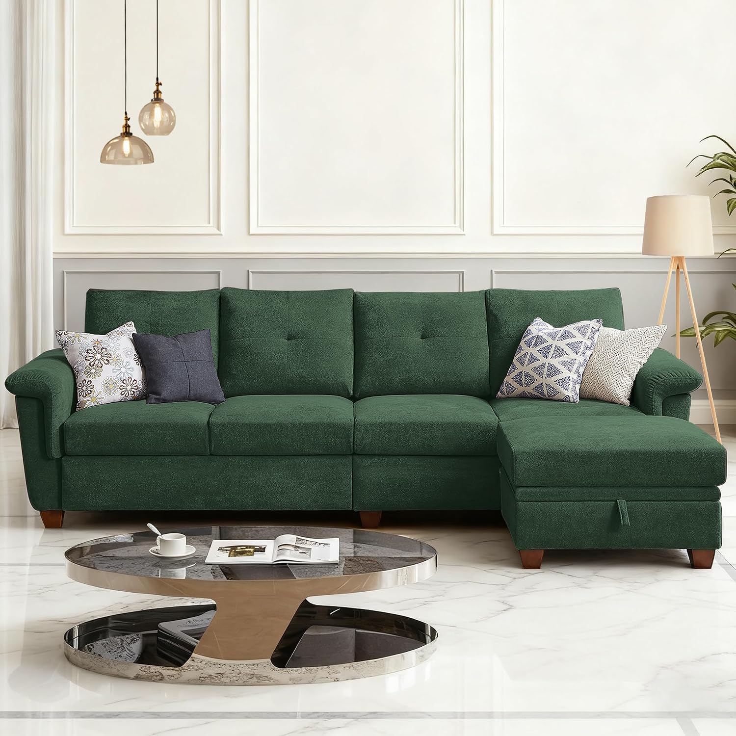 4-Seat Sectional Couches for Living Room, Bedroom, Office, L Shape Convertible Sectional Sofa Couch with Ottoman and Cup Holders, Green