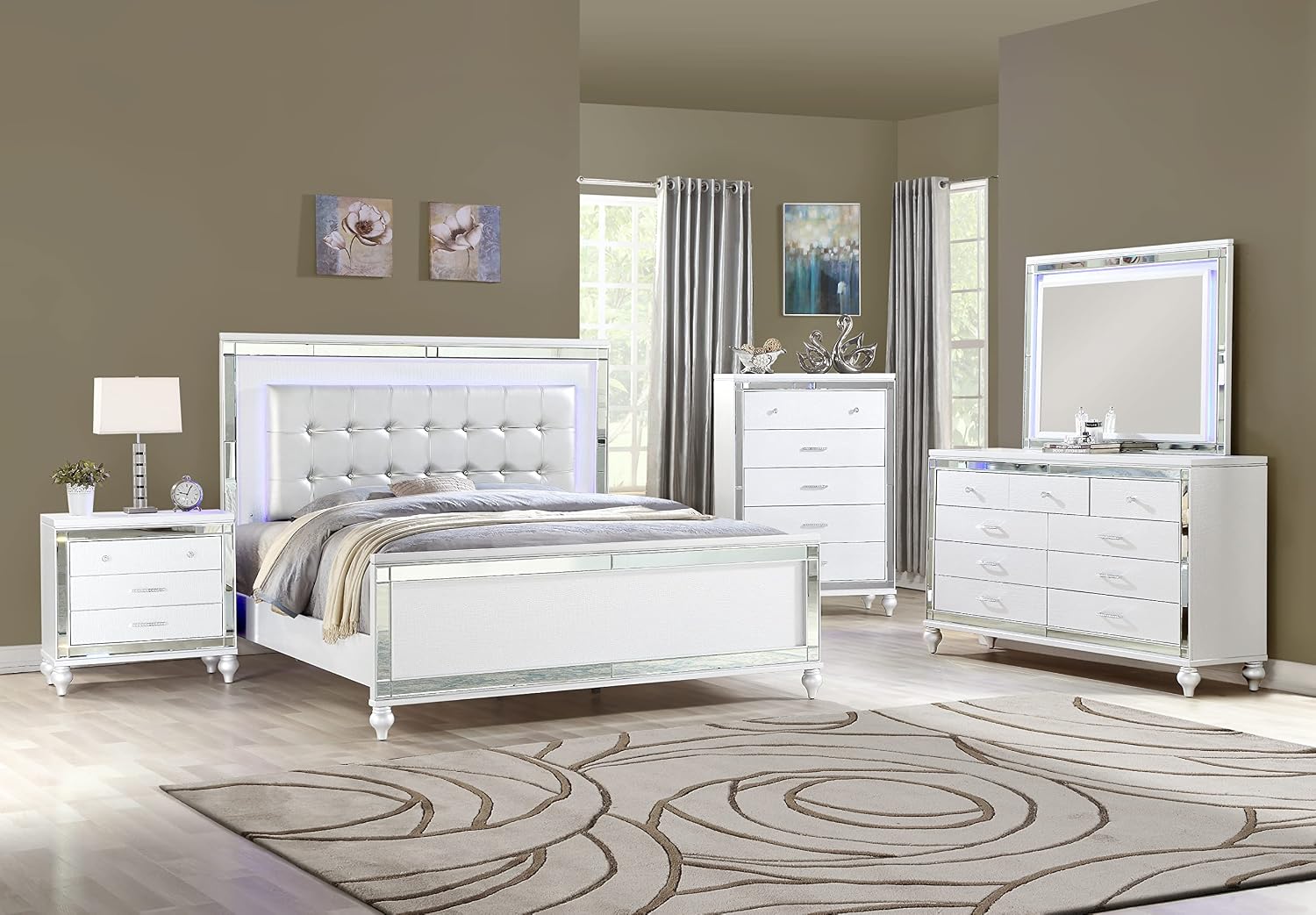 Full 5 PC LED Bedroom Set Made with Wood in White Color