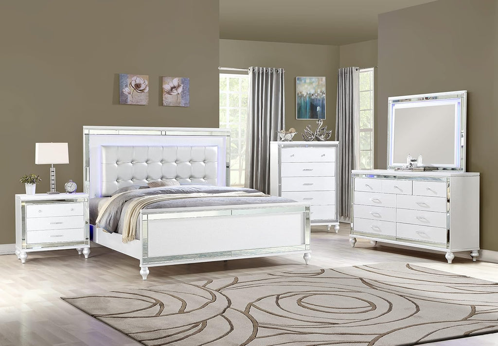 Full 5 PC LED Bedroom Set Made with Wood in White Color