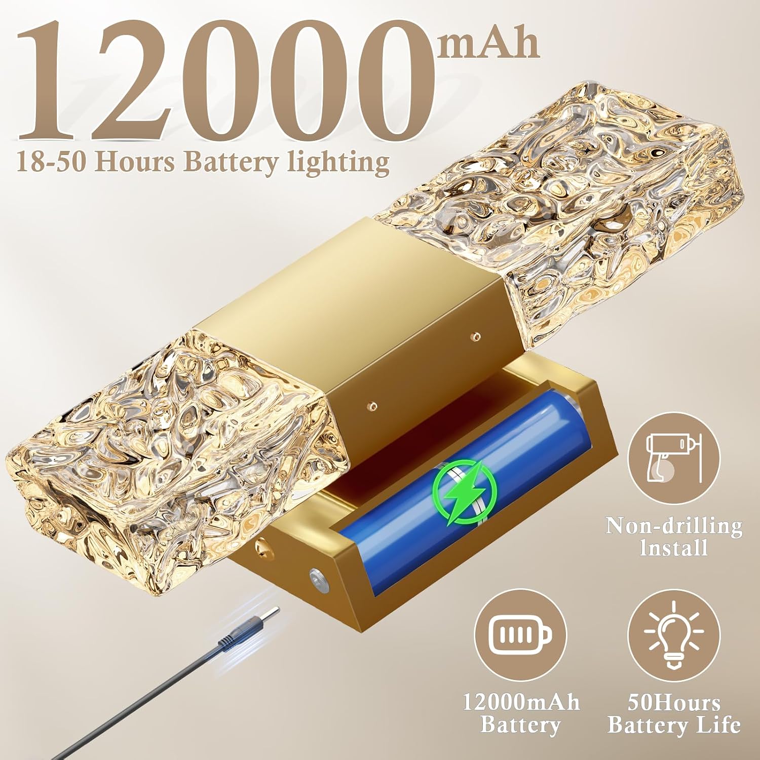 camuucci Battery Operated Wall Sconce Rechargeable Battery Powered 12000mAh Wall Light Indoor Not Hardwired Wall Lamp Fixtures for Bedroom Living Room 2Pack