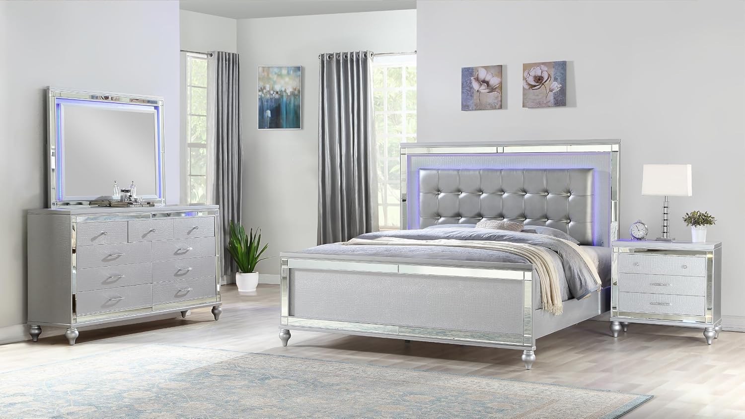 Full 4 PC LED Bedroom Set Made with Wood in Silver Color