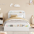 GarveeHome Twin Size Bed Frame, Wooden Beds with Storage Headboard and Raised-Foodboard for Kid, Twin-Floor Low Platform Bed for Bedroom, Sturdy Wooden Slats Support, No Box Spring Needed, White