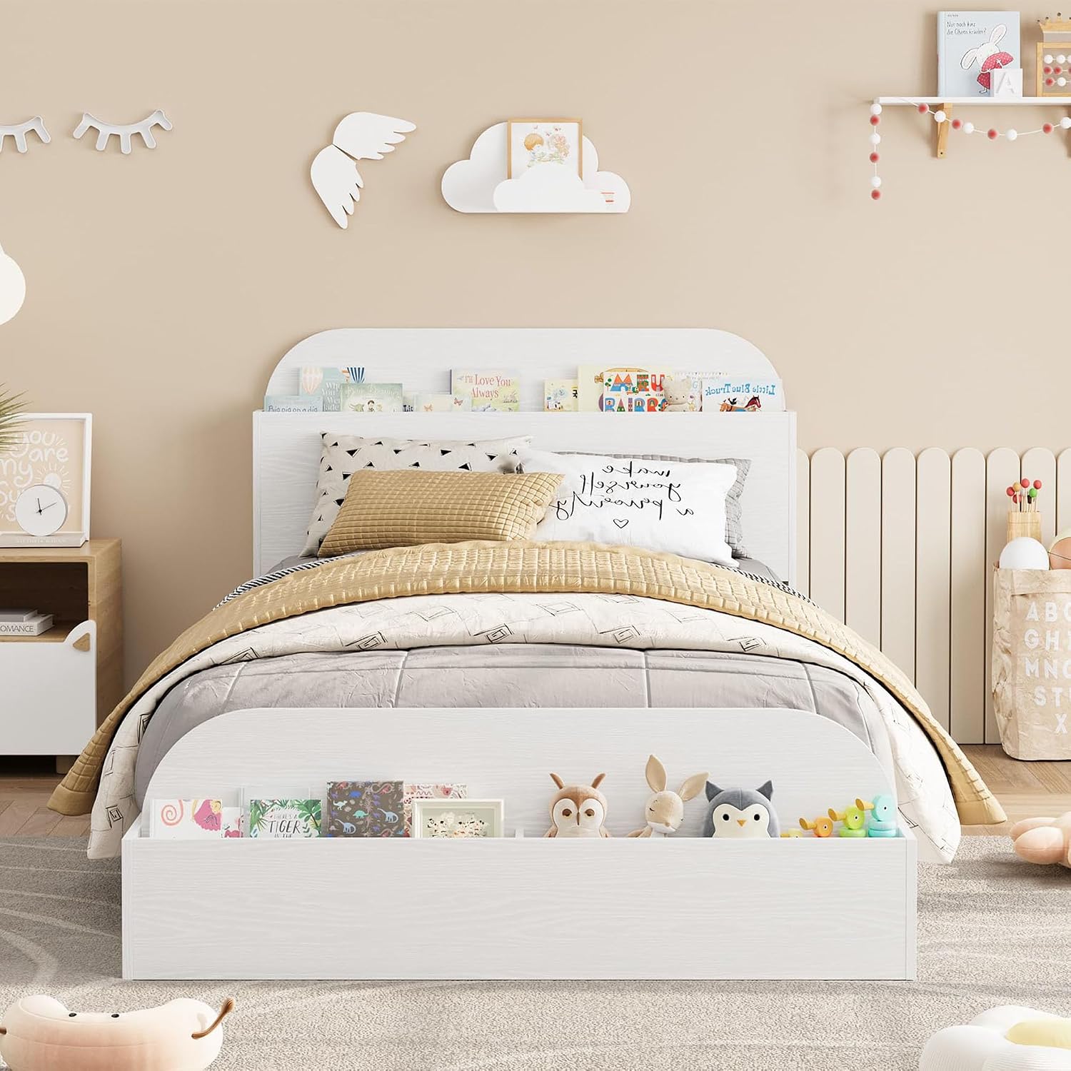 GarveeHome Twin Size Bed Frame, Wooden Beds with Storage Headboard and Raised-Foodboard for Kid, Twin-Floor Low Platform Bed for Bedroom, Sturdy Wooden Slats Support, No Box Spring Needed, White