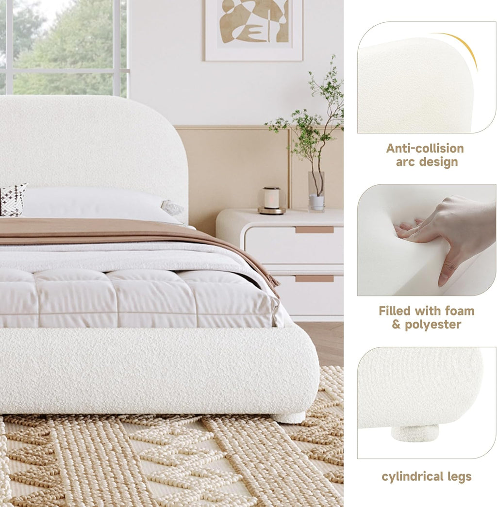 Curve-Shaped Upholstered Platform Bed with Curved Shaped Headboard, Queen Size Wood Bed Frame for Kids Adults Bedroom Furniture, Velvet Thick Fabric Upholstered Bed Grounded Bed (Cream, Queen)