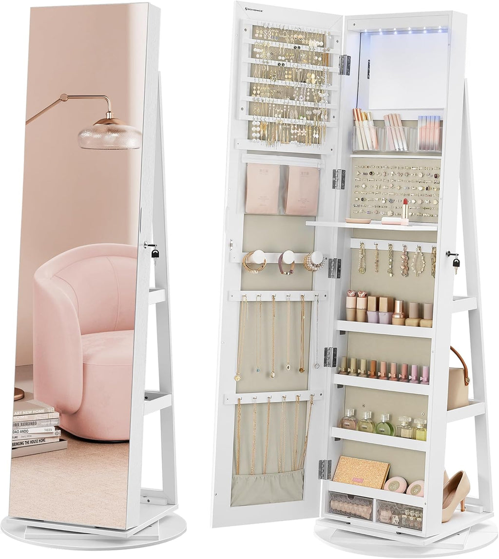 SONGMICS 6 LEDs Lockable Mirror Jewelry Cabinet, 360° Swivel Jewelry Organizer Armoire Standing, Frameless Full-Length Mirror, 3 Storage Shelves, White Surface, Greige Lining UJJC007W02V1