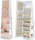 SONGMICS 6 LEDs Lockable Mirror Jewelry Cabinet, 360° Swivel Jewelry Organizer Armoire Standing, Frameless Full-Length Mirror, 3 Storage Shelves, White Surface, Greige Lining UJJC007W02V1