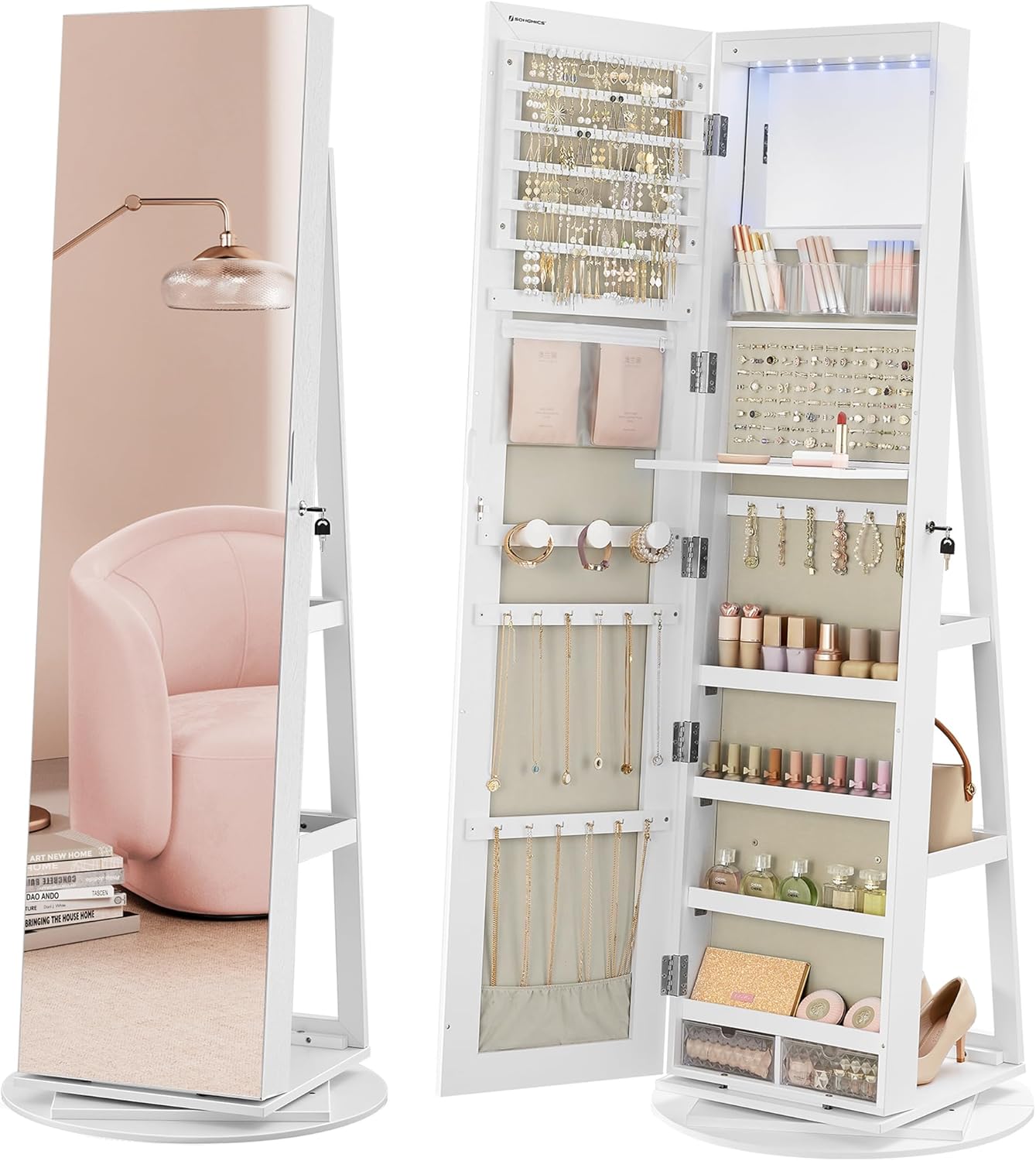 SONGMICS 6 LEDs Lockable Mirror Jewelry Cabinet, 360° Swivel Jewelry Organizer Armoire Standing, Frameless Full-Length Mirror, 3 Storage Shelves, White Surface, Greige Lining UJJC007W02V1