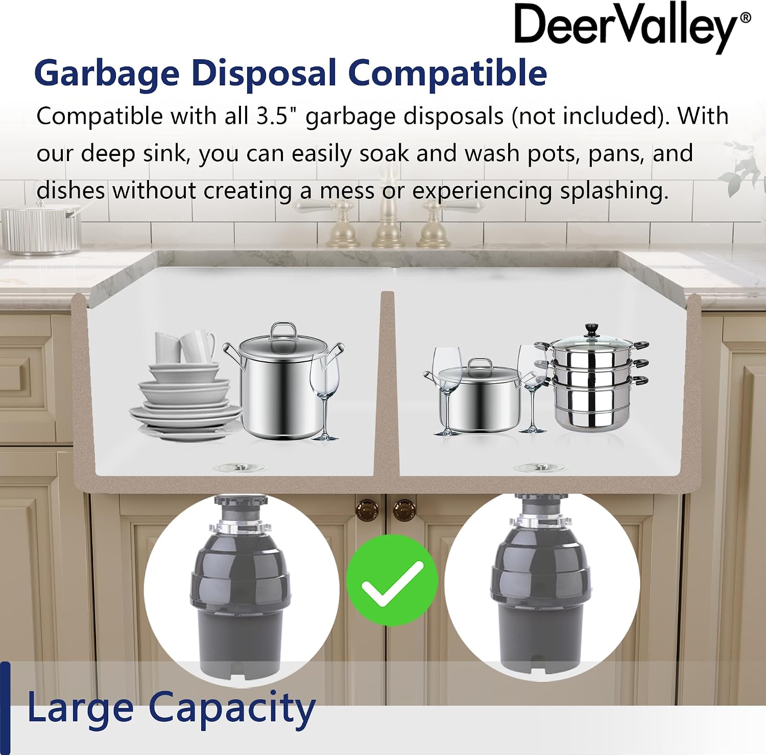 DeerValley 33 inch Workstation Kitchen Sink, White Fireclay Farmhouse Sink, Double Bowl Apron Front Deep Drop-in Undermount Sink with Workstation Accessories