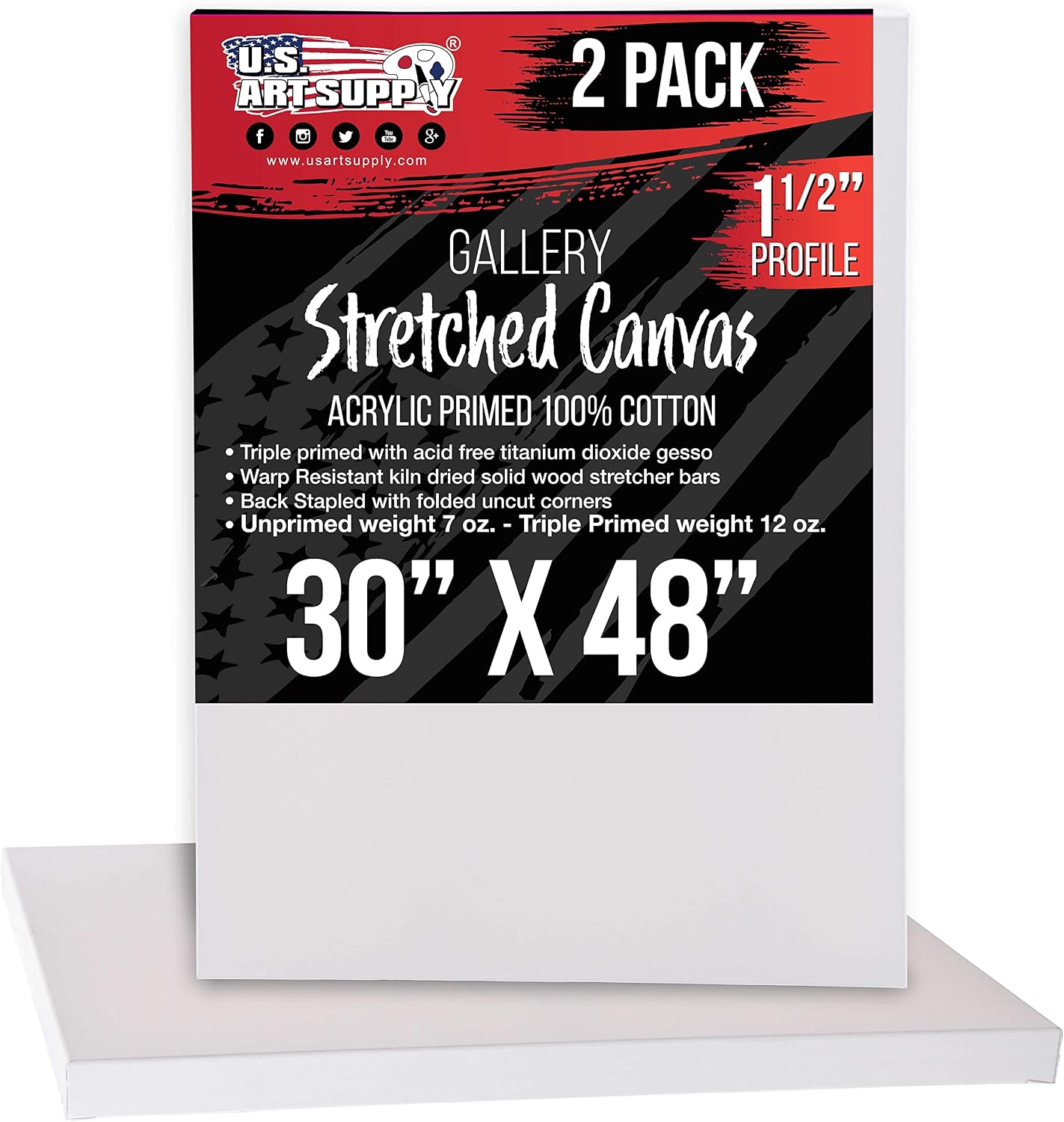 U.S. Art Supply X-Large Stretched Canvas for Painting 30x48 inch Gallery Depth 1-1/2' Thick, 2-Pack - 12oz Acrylic Gesso Triple Primed, Professional Artist Quality, 100% Cotton - Oil, Pouring Paint
