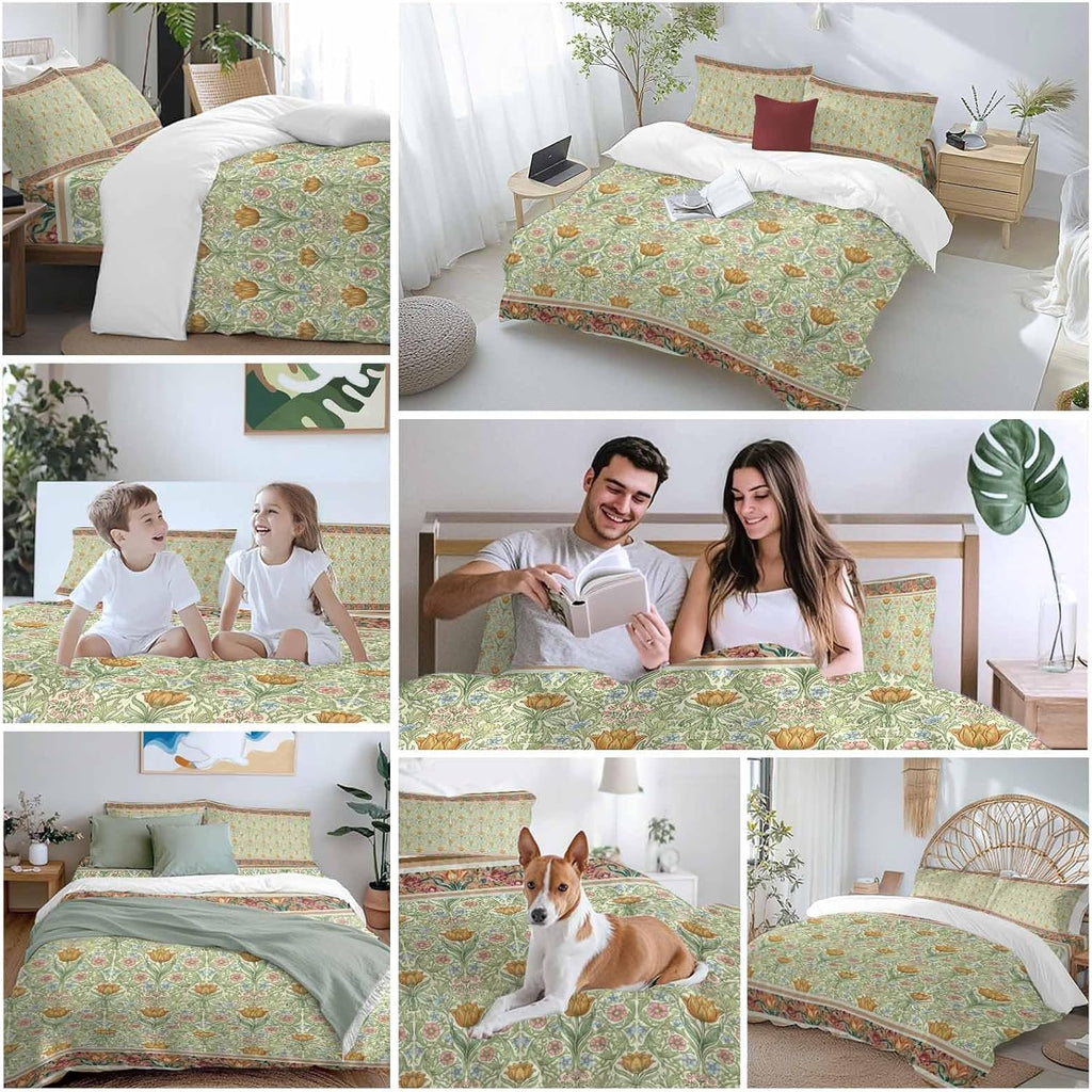 Prime Leader Flowers Duvet Cover Set Queen Size 4 Pieces Ethnic Abstract Yellow Pink Floral Green Leaf Bedding Set with Zipper Closure, 1 Comforter Cover 86x86 Inches 1 Flat Sheet & 2 Pillow Cases