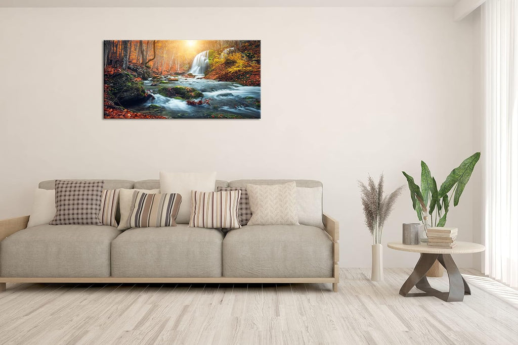Autumn Waterfall Large Stretched Canvas Wall Art For Living Room Bedroom Home Decoration,Mordern Forest River Print Picture Painting Decor Giclee Artwork,Gallery Wrapped Gift,Inner Frame(30x60)