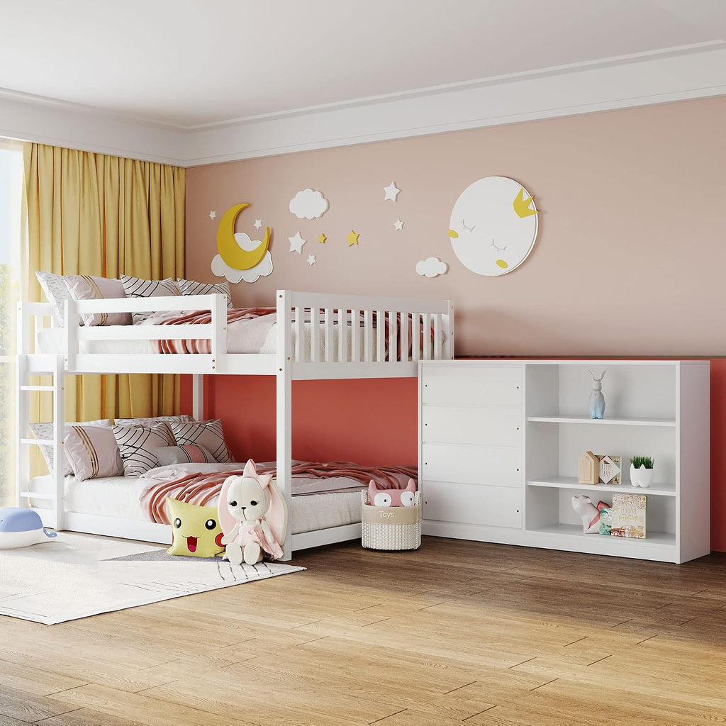 Full-Over-Full Size Bunk Bed, Bedroom Furniture Pine Wood Bed Frame with Storage Drawers and Open Shelves, Drawers and Shelves Set Can Be Moved, for Kids & Teens (White)