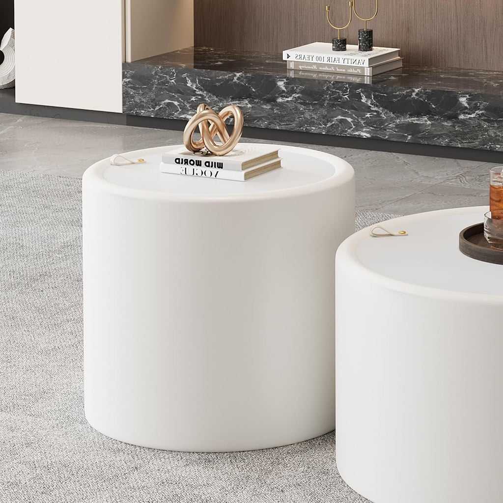 Round Living Room Table Set with Hidden Storage, 27.56' White Drum Center Table and 19.69' White Coffee Table Set, 2 Pieces Coffee Table Set with Tempered Glass Top and PU Leather Body