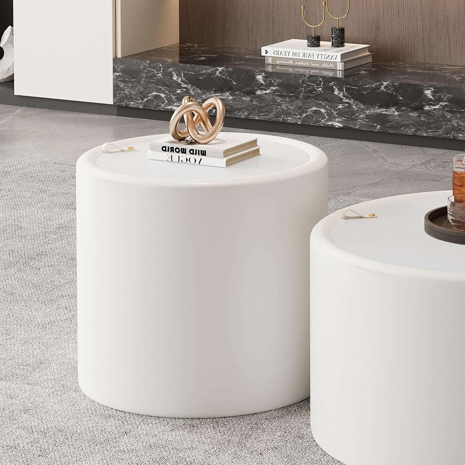 Round Living Room Table Set with Hidden Storage, 27.56' White Drum Center Table and 19.69' White Coffee Table Set, 2 Pieces Coffee Table Set with Tempered Glass Top and PU Leather Body