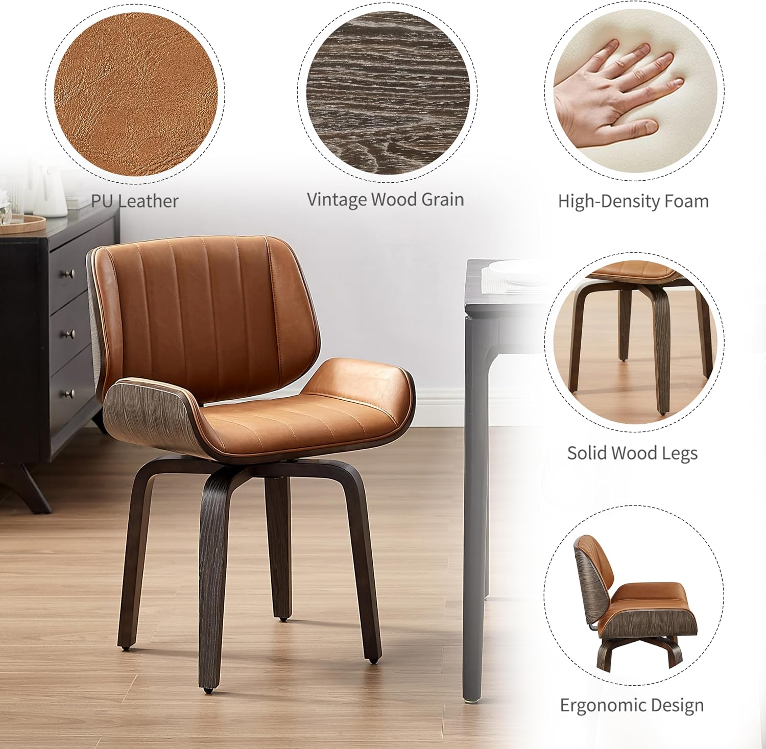 Zouron Mid Century Modern Dining Chairs Set of 2, Faux Leather Upholstered Dining Room Chairs with Black Oak Bentwood, Accent Side Chair for Small Space Living Room Bedroom, Channel Stitch, Brown