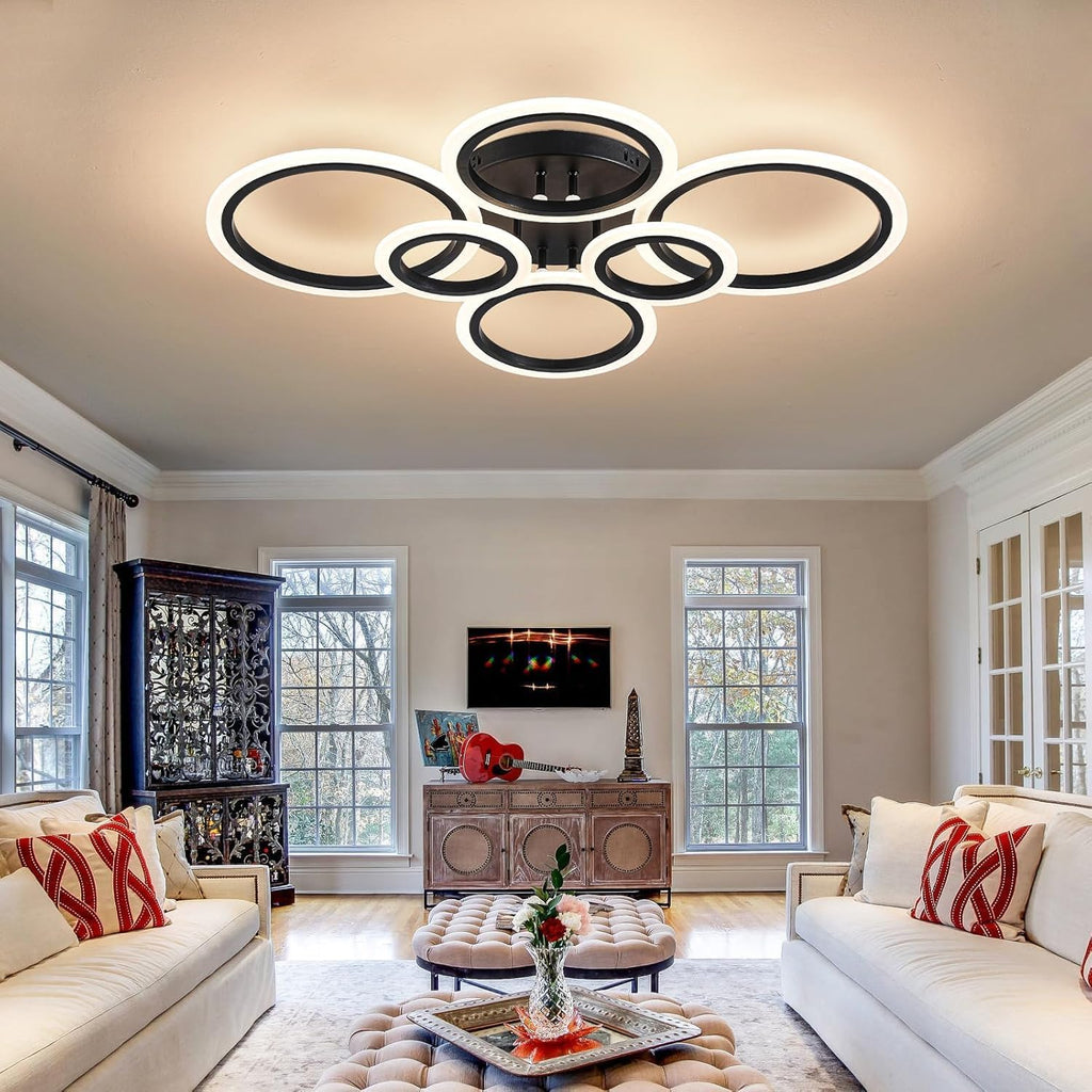 Shine LUEST 6 Rings Black Modern LED Ceiling Light Fixture, Flush Mount Ceiling Light with Remote Dimmable Brightness, Adjustable 3000-6000K Color Temperature, Timer for Living Room, Bedroom