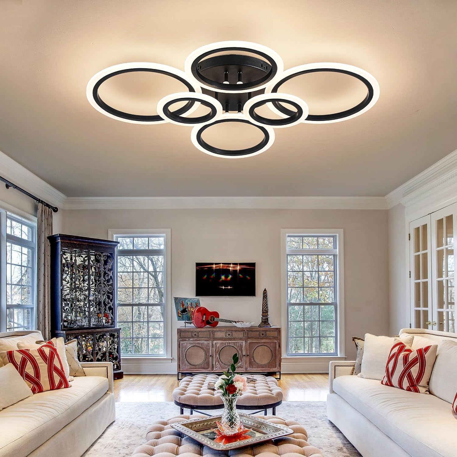 Shine LUEST 6 Rings Black Modern LED Ceiling Light Fixture, Flush Mount Ceiling Light with Remote Dimmable Brightness, Adjustable 3000-6000K Color Temperature, Timer for Living Room, Bedroom