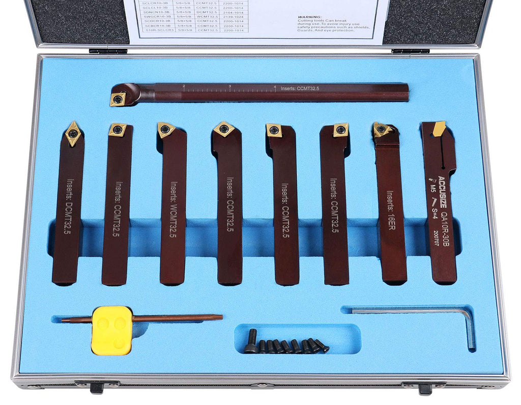 Accusize Industrial Tools 5/8' Shank 9-Piece Indexable Turning & Boring Tool Set, TiN-Coated C6 Inserts for Steel, 2988-0058