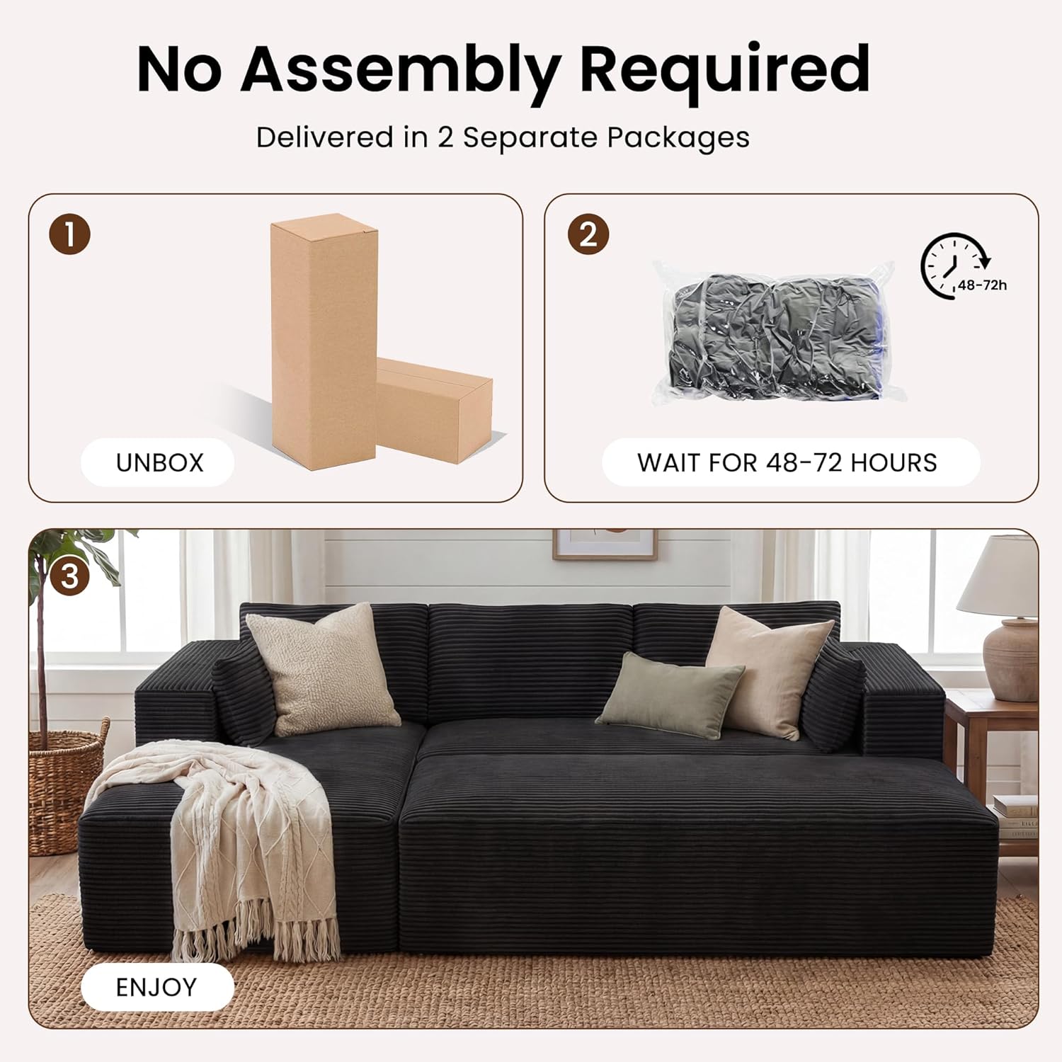 GRUSIGN 106' Oversized Sectional Boneless Sleeper Sofa Bed Couches for Living Room, Modular L Shaped Couch with Left Facing Chaise & Big Ottoman, Compressed Spineless Corduroy Cloud Sofas, Black | Deep Seat