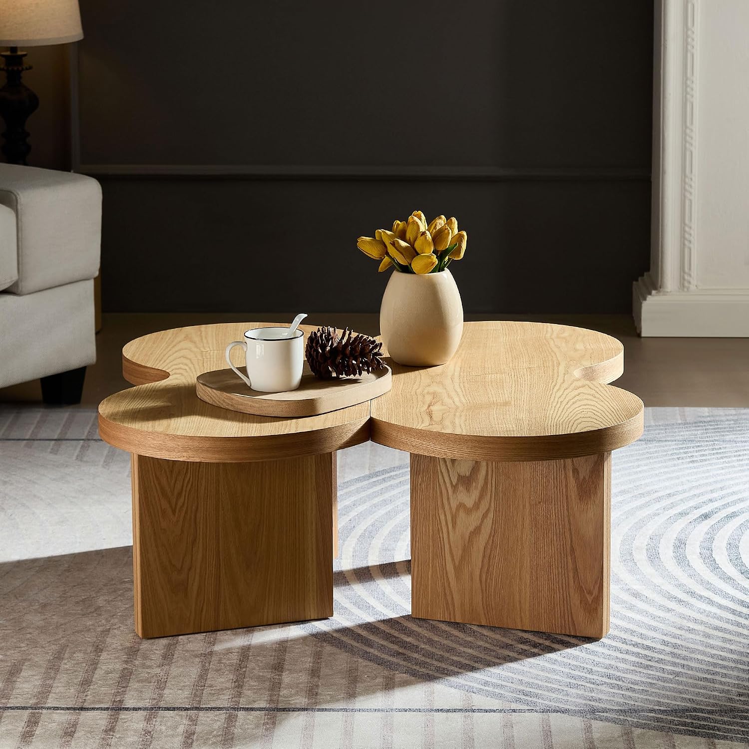 Nesting Coffee Table Set of 2 for Living Room, Couch/Bedroom Side, Butterfly Shaped Unique Cute, 31.49' Wood Irregular Fun Center Table for Small Space - Oak