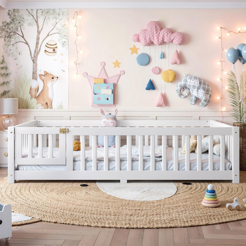 Bellemave Twin Size Floor Bed Frame with Fence and Door for Kids, Montessori Floor Bed with Slats and Safety Guardrails,Solid Wood Twin Bed Frame for Girls Boys,White