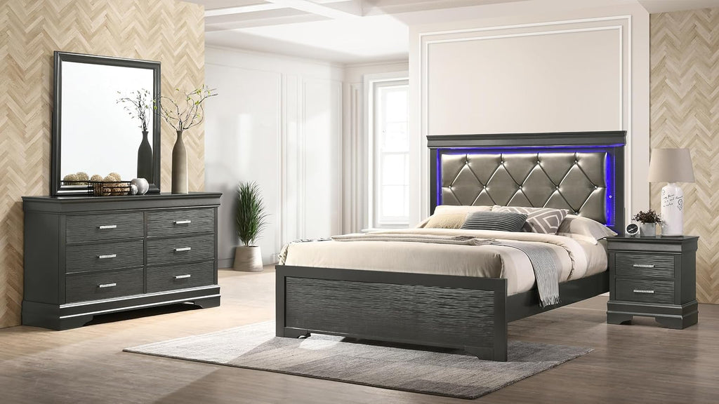 Full 4 Pcs LED Bedroom Set Made with Wood in Gray