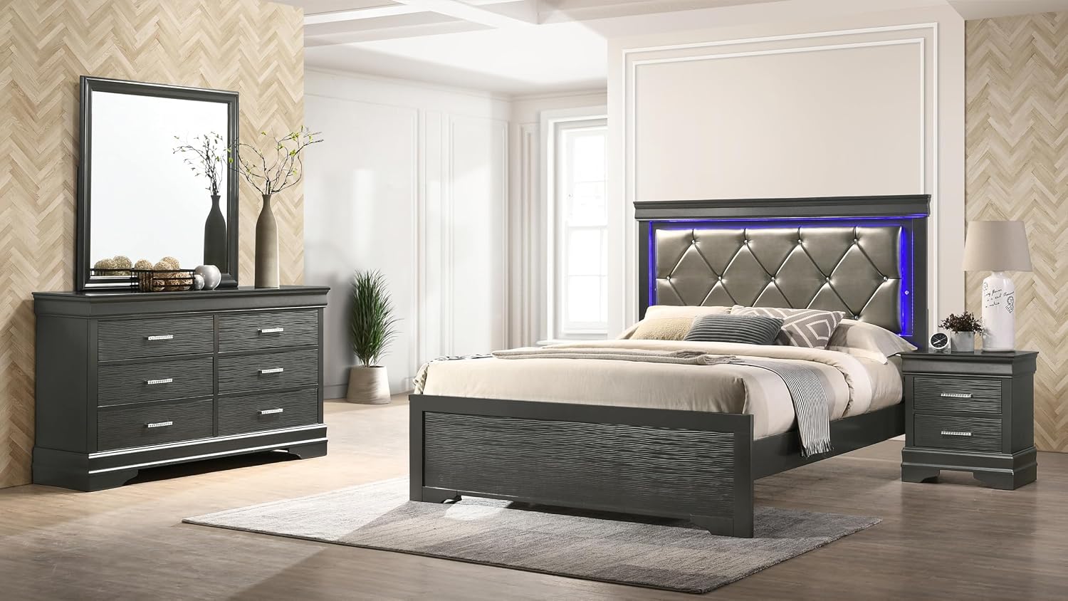 Full 4 Pcs LED Bedroom Set Made with Wood in Gray