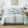 Finlonte King Size Quilt, 100% Cotton Comforter King Size, Green Grey Farmhouse Quilted Bedspread, Patchwork Lightweight Reversible Quilt Bedding Set for King Bed, 3-Pieces