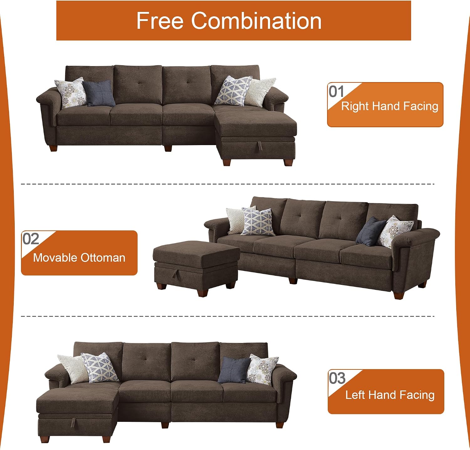 108' Sectional Sofa, Convertible L Shaped Sofa with Ottoman and Large Storage, 4 Seat Sectional Couch with Cup Holder, Couches for Living Room, Apartment, Office (Brown)