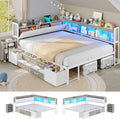 MSmask 14 Inch Corner Bed Frame with Pull-Out Cabinet, Bookcase & Headboad Storage, Full LED Daybed with 6 Drawers, Charging Station, Full Size Metal Platform Bed for Kids Teen, White & Oak Grey