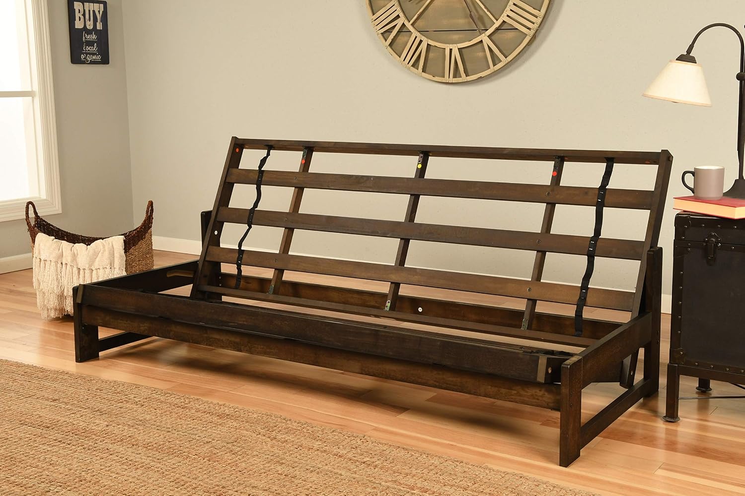 Kodiak Furniture Aspen Futon Set with Reclaim Mocha Finish, Oregon Trail Saddle Mattress, Full