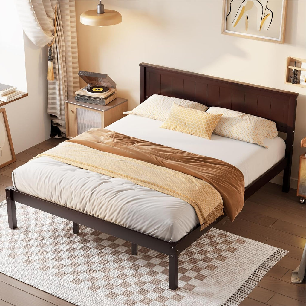 Wood Platform Bed, Bed Frame with Headboard, Wood Slat Support, No Box Spring Needed, Queen, Espresso