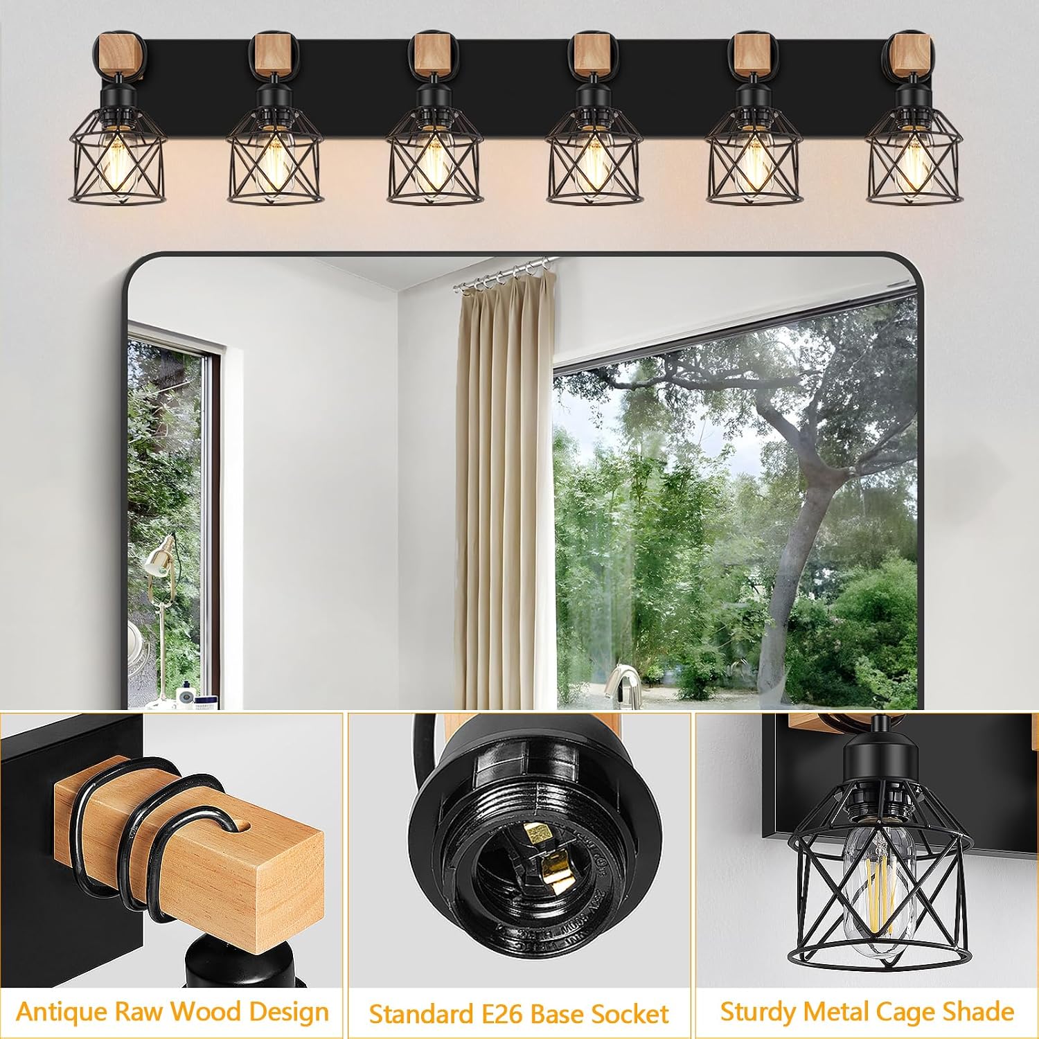 FadimiKoo 6-Light Farmhouse Bathroom Lighting Fixtures, Wood Black Vanity Lights Over Mirror, Rustic Wall Sconces Lighting with Metal Lampshade, Vintage Wall Lights for Bedroom, Living Room, Hallway