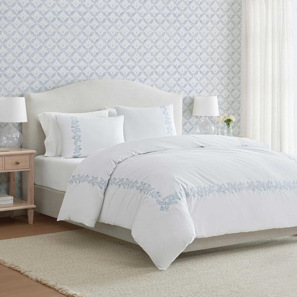 Martha Stewart - King Duvet Cover Set, 100% Soft Cotton Bed Set with a Smooth Cotton Percale Reverse, 3 Piece Floral Bedding with Matching Pillowcases (Garden Path Embroidery Blue)