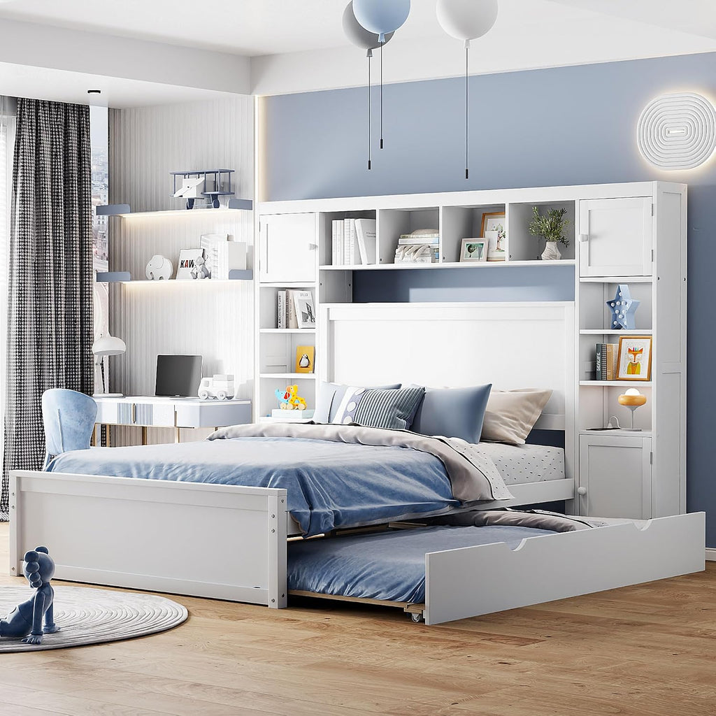 Merax Full Size Wooden Bed with All-in-One Cabinet, White Platform Bed Frame with 2 Drawers, Trundle and Sockets