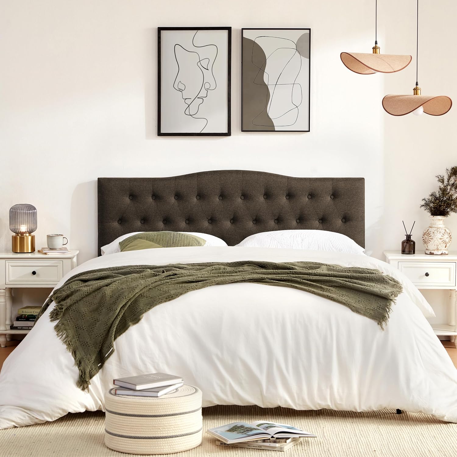Huatean Home Tufted Upholstered Headboard Full Size, Sturdy and Durable Solid Wood Bed headboard, Fabric Headboard Adjustable Height from 37' to 51', Button Diamond Design Head Board, Chocolate