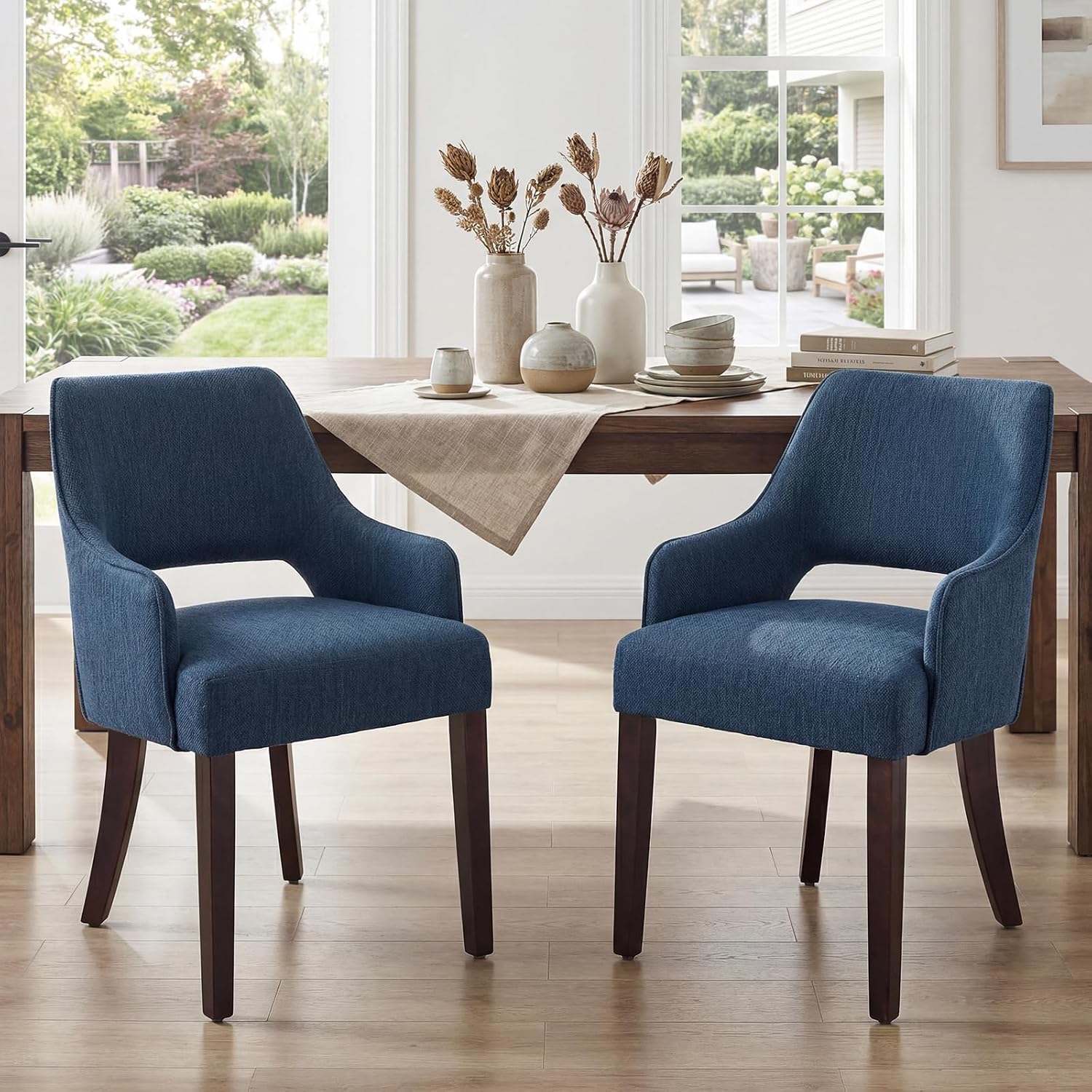 Farmhouse Upholstered Dining Chairs Set of 2, Linen Fabric Dining Room Chairs with Arms, Solid Wood Kitchen Side Chairs for Dining Living Room Bedroom, Upgraded Size, Blue