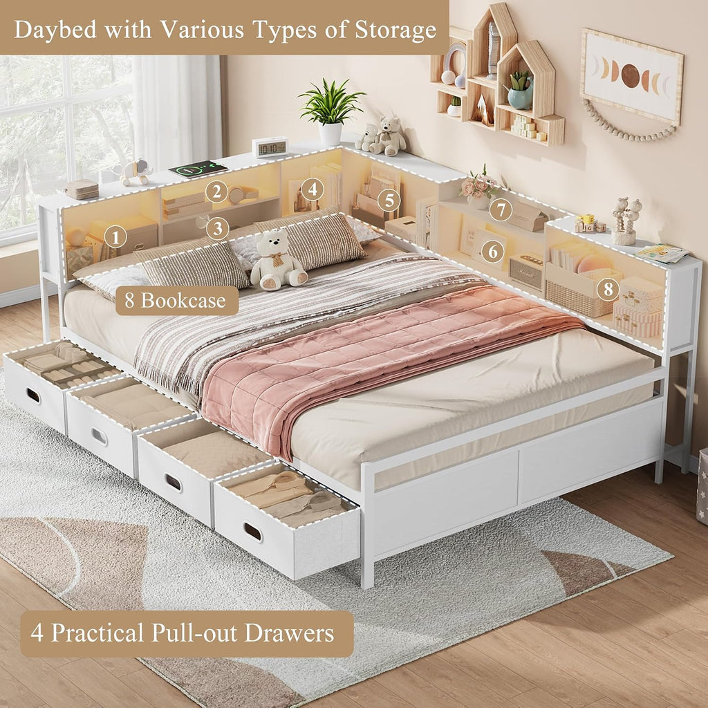 Full Size Corner Bed Frame with LED Lights, Charging Station & 8-Bookcase Headboard, Metal Platform Corner Bed with 4 Storage Drawers, Full Daybed for Kids Teens Guests, White