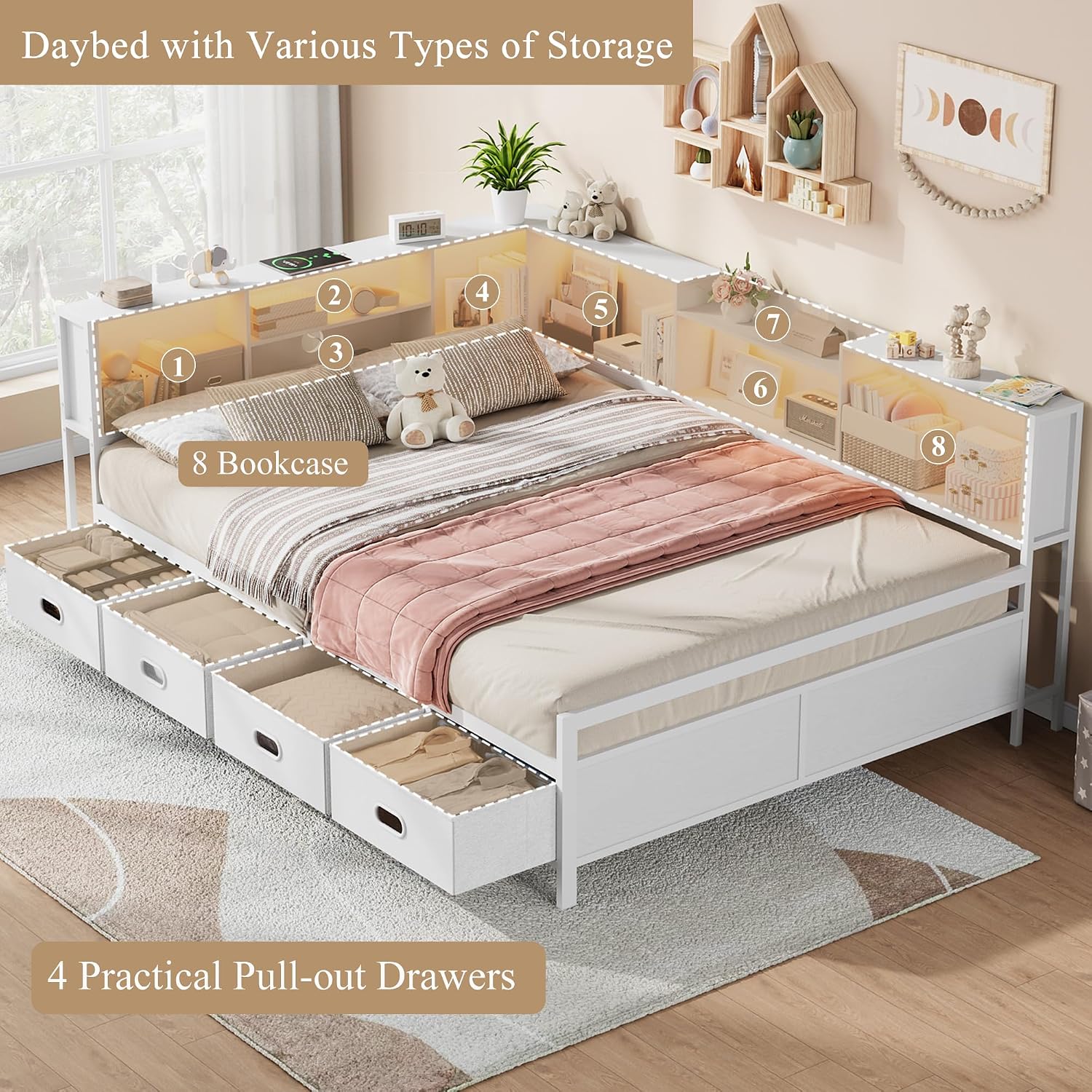 Full Size Corner Bed Frame with LED Lights, Charging Station & 8-Bookcase Headboard, Metal Platform Corner Bed with 4 Storage Drawers, Full Daybed for Kids Teens Guests, White