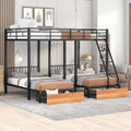 Full Over Twin & Twin Bunk Bed, Heavy Duty Metal Triple Bunk Bed with Drawers and Guardrails, Can be Divided into 3 Separate Beds, Triple Bunk Bed Frame for Kids Teens Aldults (Black + Metal)
