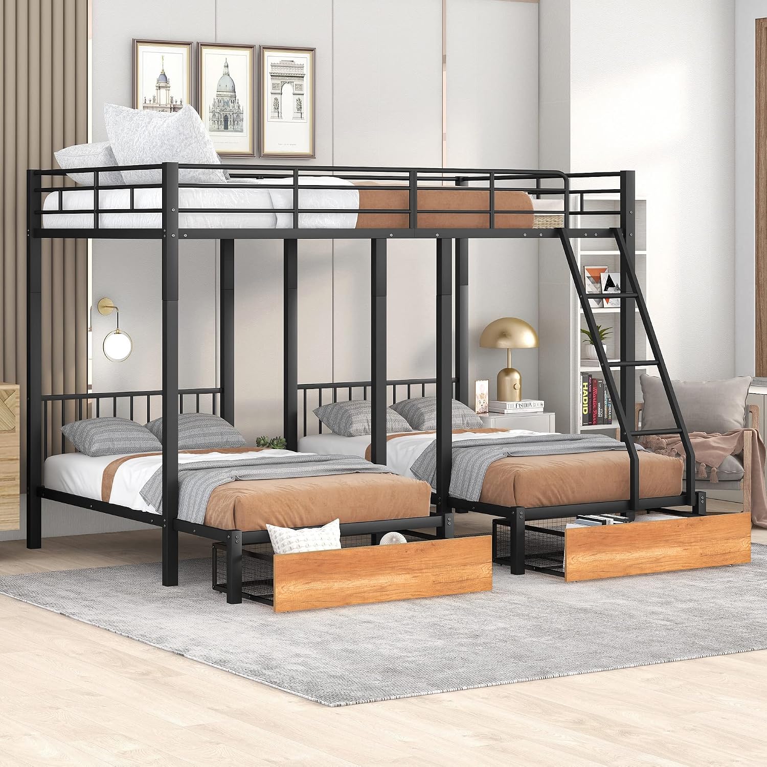 Full Over Twin & Twin Bunk Bed, Heavy Duty Metal Triple Bunk Bed with Drawers and Guardrails, Can be Divided into 3 Separate Beds, Triple Bunk Bed Frame for Kids Teens Aldults (Black + Metal)