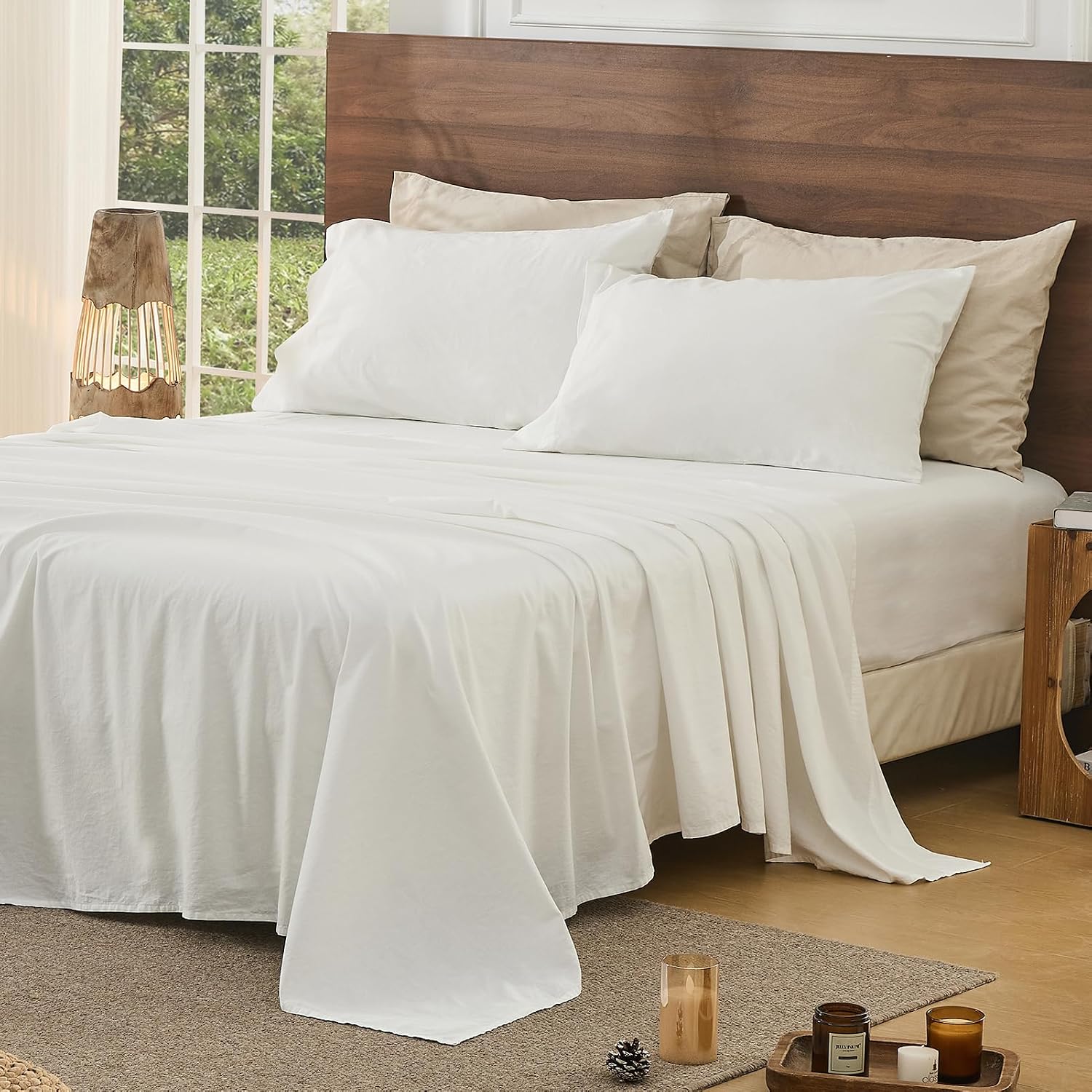 Bedlifes 100% French Pure Linen Sheets California King Size Breathable and Cooling Flax Sheet Set Soft Durable and Moisture Wicking 16 Inch Deep Pocket-4 Piece(Cal King,White)