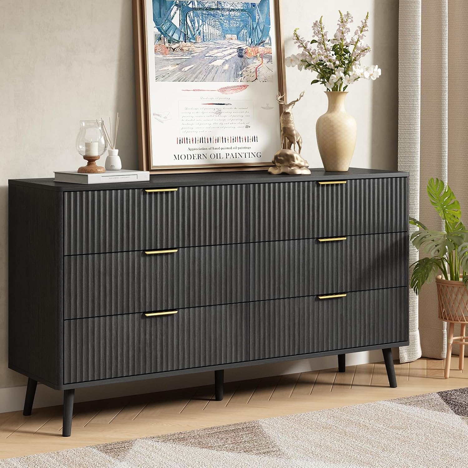 CARPETNAL Fluted Dresser and Nightstand Sets for Bedroom, 3 Pcs Bedroom Set, 6-Drawer Dresser & 2-Drawer Nightstand Set of 2, Modern Wood Chest of Drawers for Living Room, Entryway, Black